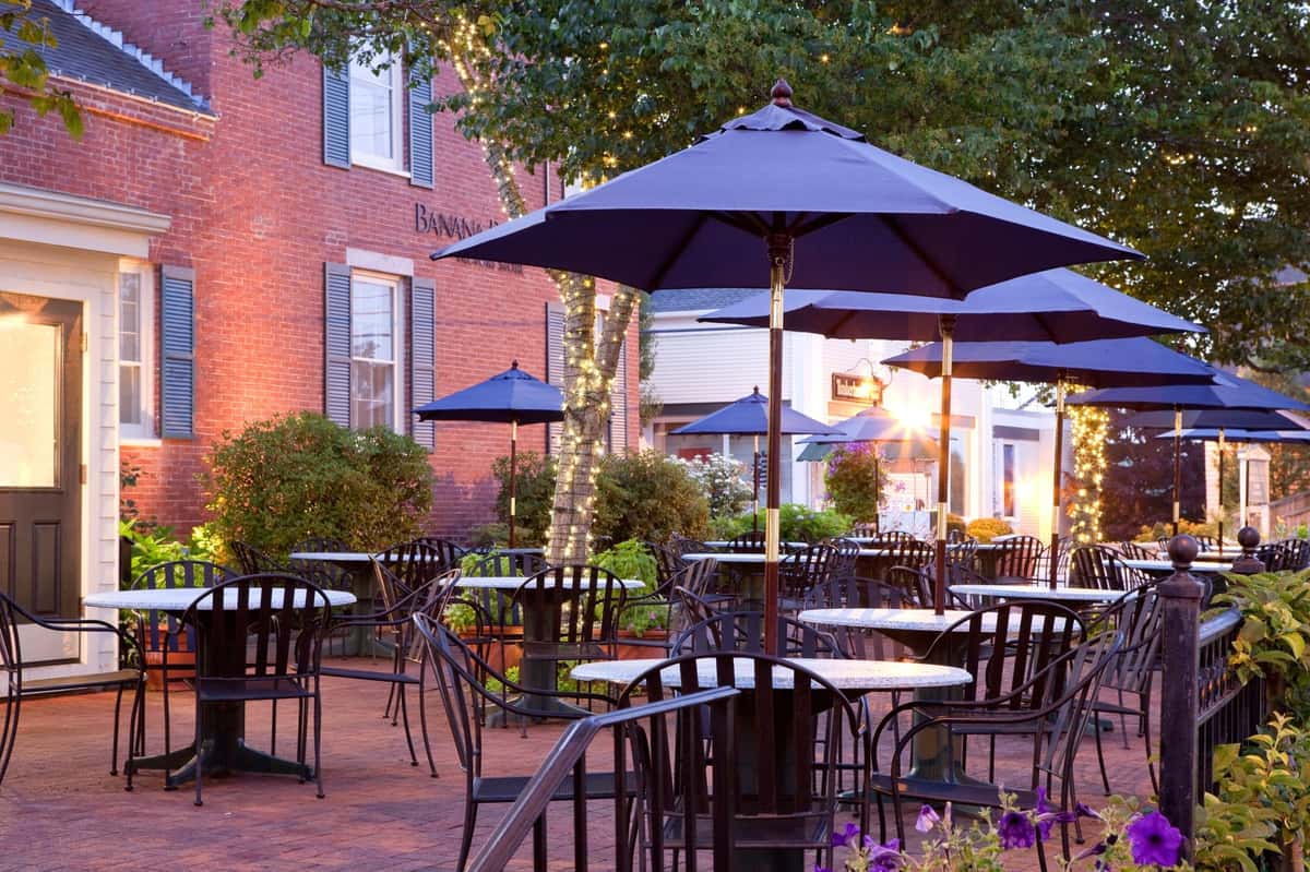 Patio dining area with covered tables