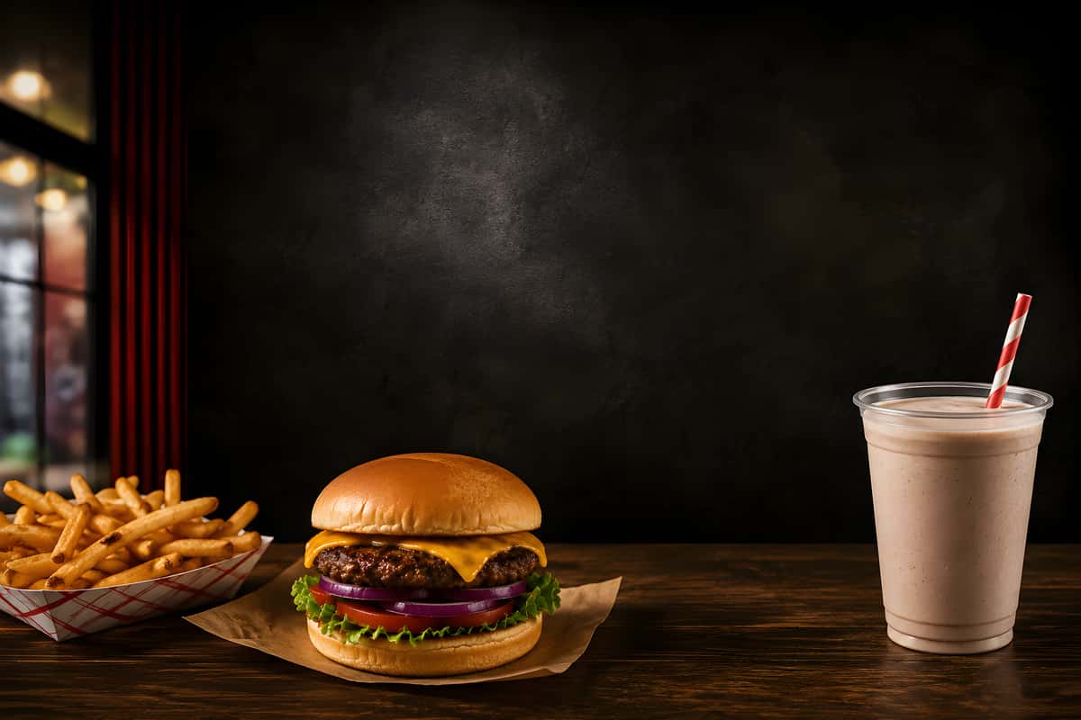 Classic cheeseburger meal with crispy French fries and a creamy milkshake served on a rustic wooden table against a dark restaurant background, perfect for American diner or burger restaurant promotions.