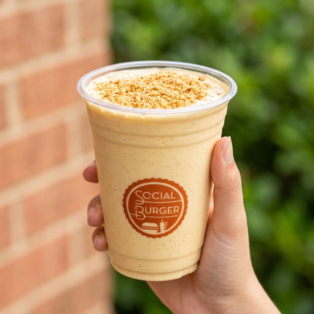 Hand holding a creamy Social Burger milkshake topped with cookie crumbs, served in a branded cup with a fresh outdoor background.