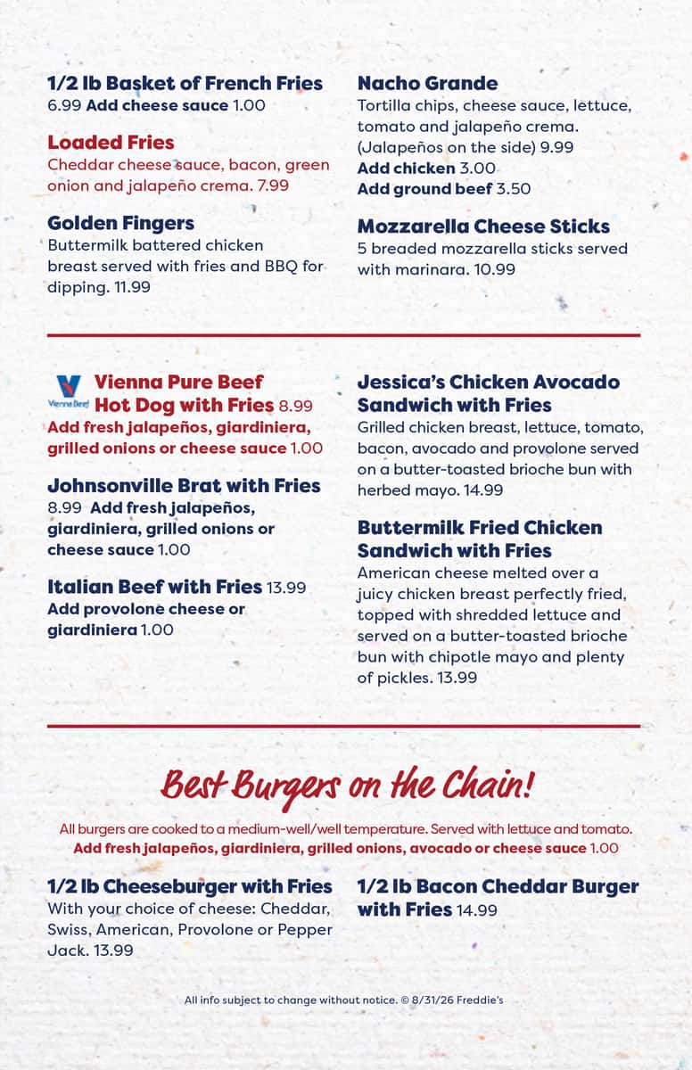 Freddies late summer menu