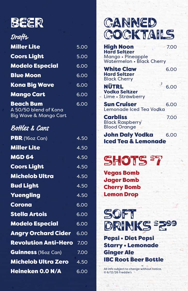 Freddies Summer Drinks Menu