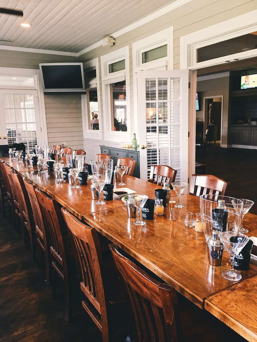 a long table with plates