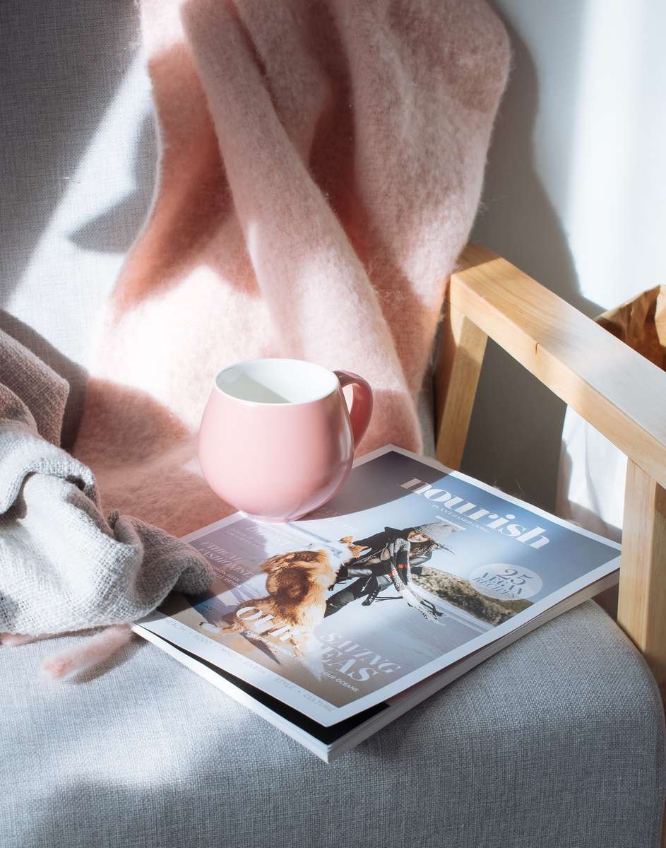 chair with coffee and mag