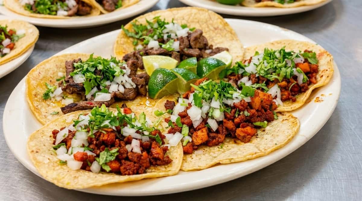 Street-style tacos topped with seasoned meat, diced onions, fresh cilantro, and lime wedges at Maya Mexican Restaurant in Alabama.
