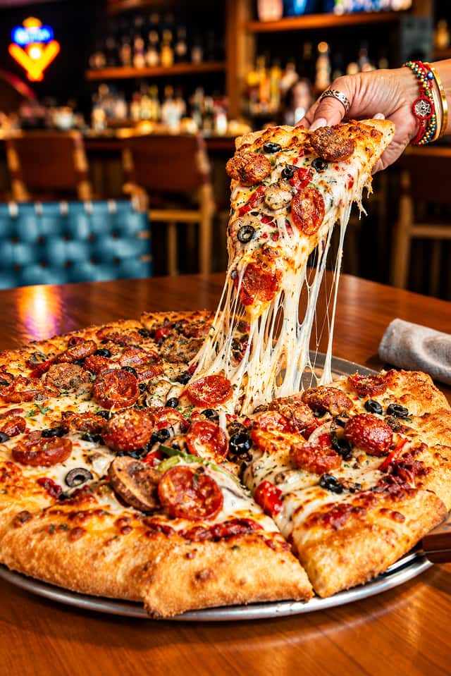 Pizza with a melted-cheese pull at Fin & Tonic — Florida Aesthetic Photography, September 23, 2026