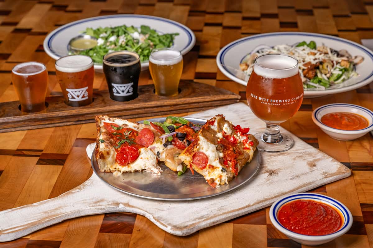 Assortment of food and beer