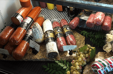 Assorted sausages and cured meats wrapped in plastic