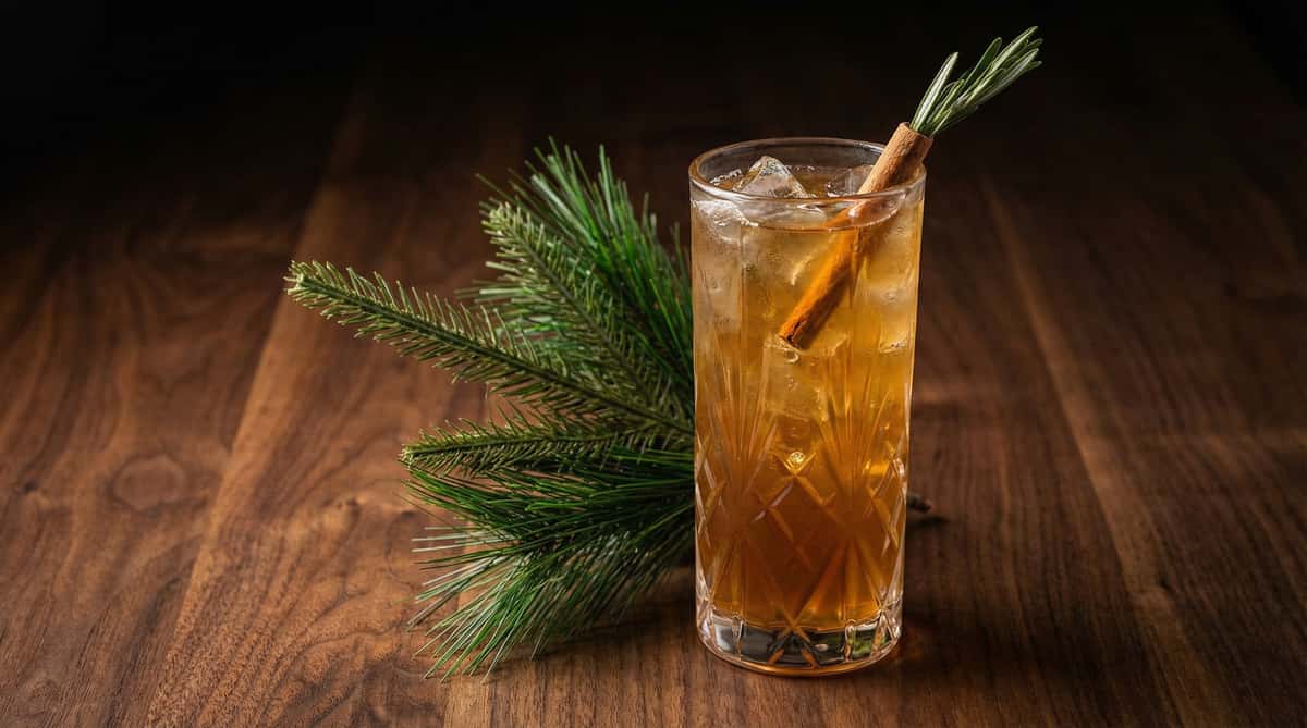 spiced cocktail with rosemary garnish and cinnamon stick on wooden bar