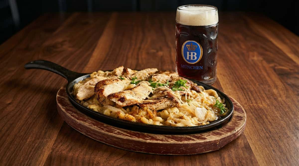 Hofbräu beer with soft pretzel and schnitzel plate on wooden table