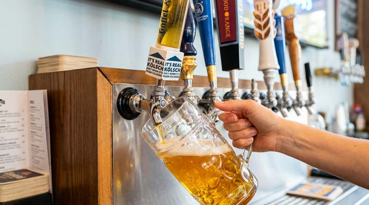 Hand pulling a beer from a tap, filling a large glass stein with amber beer and foam.