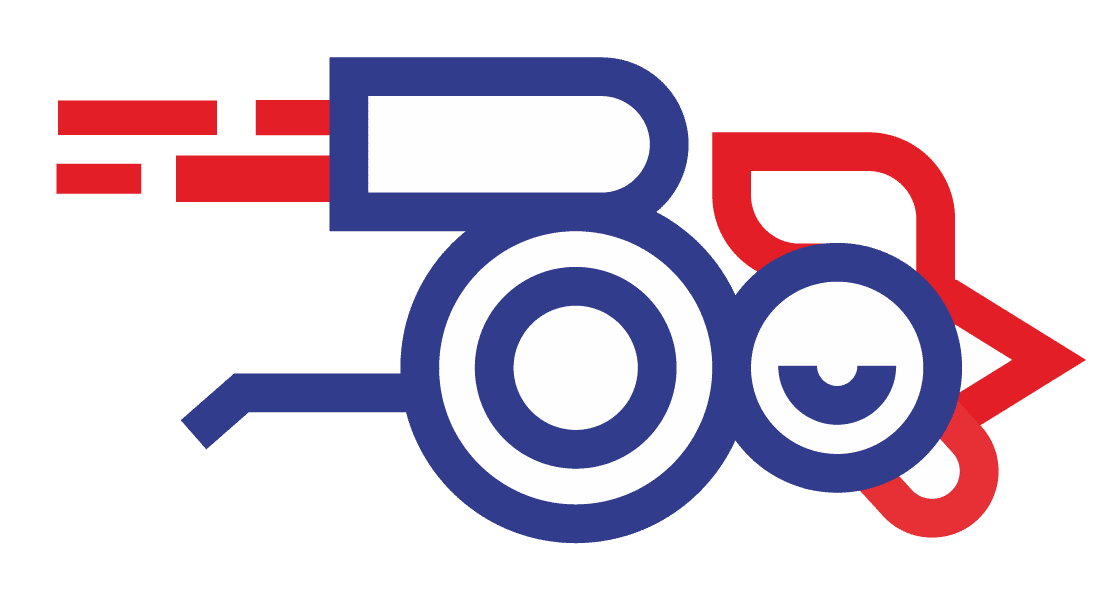 This stylized graphic features a playful reinterpretation of a chicken formed with bold blue and red geometric shapes, suggesting motion and speed—possibly a logo for a delivery or fast-service restaurant brand.
