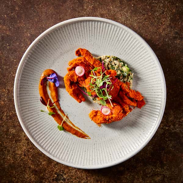 A gourmet dish featuring crispy, spiced chicken strips on a bed of creamy sauce, garnished with microgreens and radishes, representing the exquisite Indian cuisine.