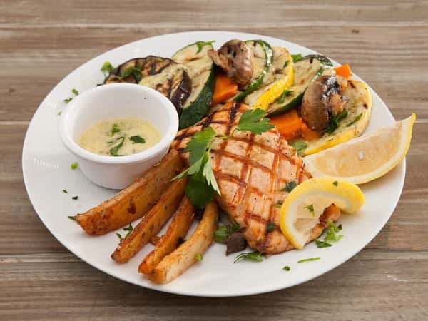 grilled salmon with vegetables and dipping sauce
