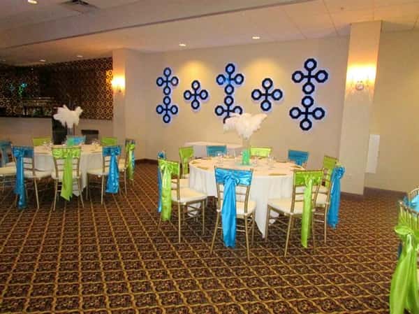 two round tables decorated for a birthday party
