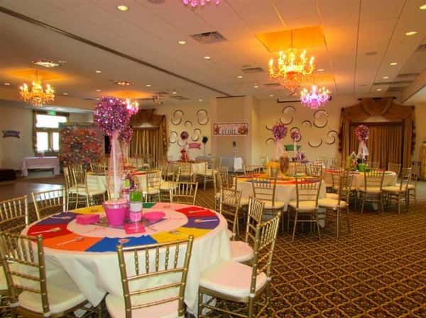 several round tables decorated for birthday party