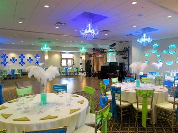 large banquet room decorated for birthday party