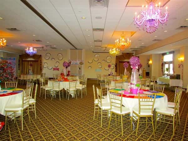 banquet room with tables for birthday party
