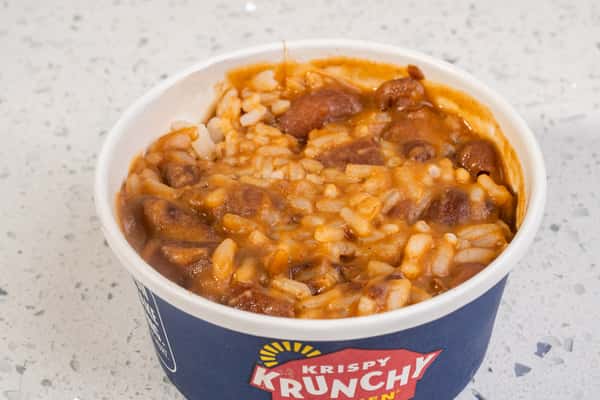 Close-up of red beans and rice served in a branded cup.