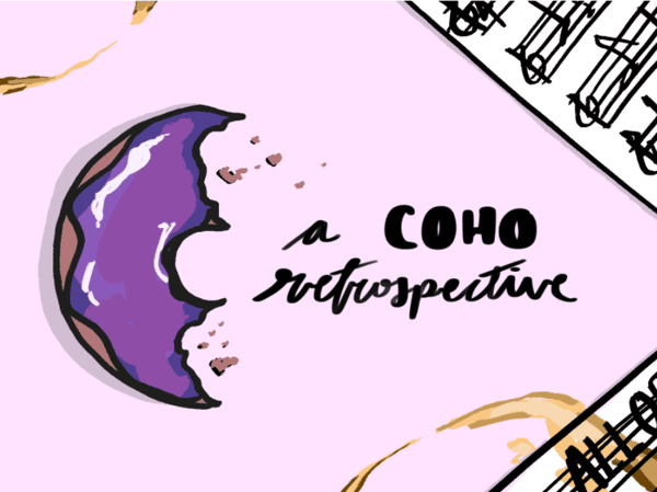 A graphic drawing of a half eaten purple ube donut with the words "A CoHo restrospective" written to the right of it. Set against a pink background. 