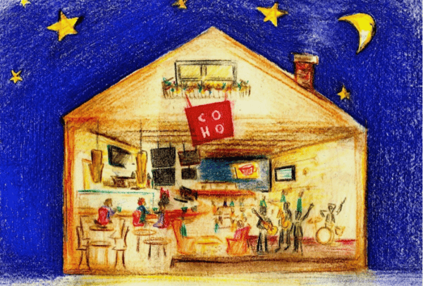 A gold colored drawing of the inside of the Coho set against a dark blue background with stars 
