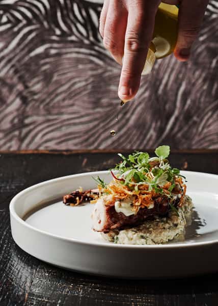 dish with oil drizzle