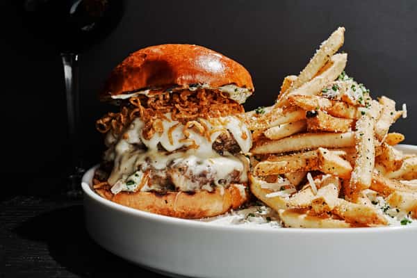 burger with fries closeup