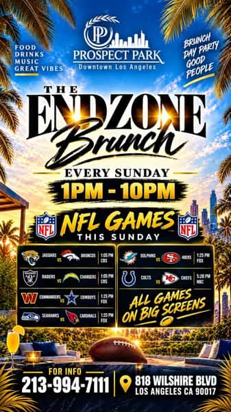 🏈THE END ZONE BRUNCH 🏈
"Best Food, Drinks, Music, + Vibe! In LA"
Refereed By: @kwonder1 @tiffsta_graham @besitosmama143
Doors Open @ 1pm
Every Sunday!
Games will be on all Screens! 📺
Including the Sunday Night Featured Game!
Come dressed in your Jersey or Photoshoot Fresh!
Full Menu will be served
Oxtail, Eggrolls, Shrimp and Grits, Chicken and Waffles 🧇 🍤
Bottomless Mimosas and Drink Specials!🍾🥂
The Cities Hottest Dj’s and most beautiful People LA has to offer!
For Large Groups and Info 213-994-7111
818 Wilshire Blvd
Los Angeles CA 90017
#football #sundayvibes #sundayfunday #mimosa dayparty
