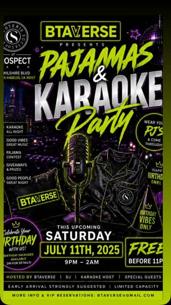 🎤✨ DTLA… it’s time to do something different.
We’re turning Prospect Park into the ultimate Pajamas & Karaoke Party! 😴🎶
Throw on your favorite PJs, grab your friends, and get ready for a night of karaoke, DJs, drinks, laughs, and unforgettable vibes.
🔥 FREE BEFORE 11 PM
📅 Saturday, July 11
🕘 9 PM – 2 AM
📍 Prospect Park
818 Wilshire Blvd, DTLA
🎤 Karaoke All Night
🎧 Live DJ
🎉 Birthday Celebrations
🎁 Giveaways
👕 Pajama Contest
📸 Content Opportunities
🥂 Good Vibes Only
🎟️ RSVP now through the link in our bio!
Space is limited, so don’t wait.
Tag your karaoke crew below! 👇 Who’s grabbing the mic first? 🎤😂
#BTAVERSE #ProspectPark #DTLA #LosAngelesEvents #KaraokeNight PajamaParty DTLANightlife SaturdayNight FreeBefore11 ThingstoDoLA DowntownLA LAEvents Nightlife BirthdayParty GoodVibesOnly Eventbrite LAWeekend SingYourHeartOut ExploreLA KaraokeParty