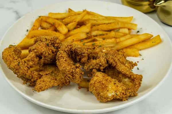 Crispy fried catfish fillets served with seasoned French fries on a white plate.