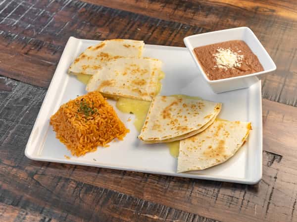 Cheese Quesadilla Served with Rice and Beans