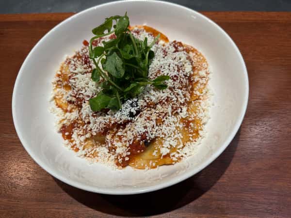 Confit Ramp & Vegetable Ravioli alla Norma