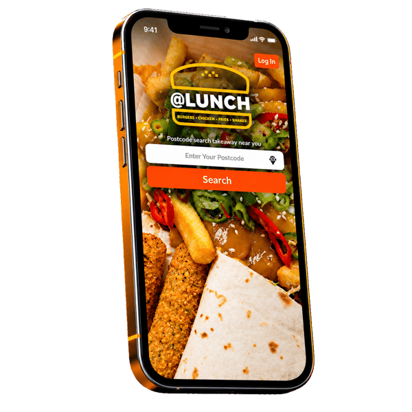 @Lunch takeaway website displayed on a smartphone with postcode search and food menu background
