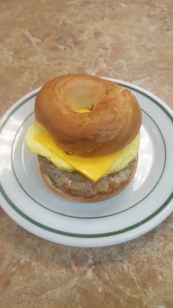 egg, sausage and cheese sandwich on a bagel