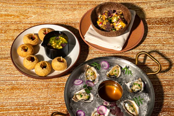 Assorted upscale appetizers and seafood dishes served with elegant presentation at a modern Indian restaurant