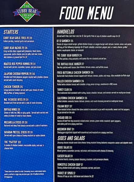Cubby Bear Menu