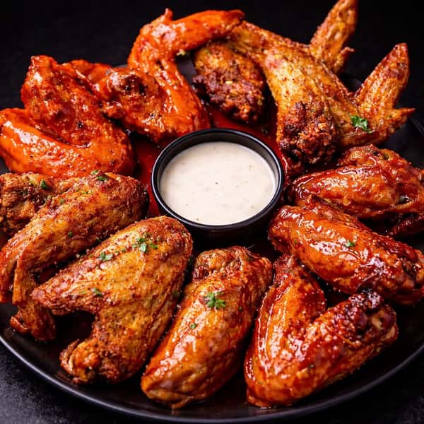 Saucy chicken wings with creamy dipping sauce at DSquared in St. Louis