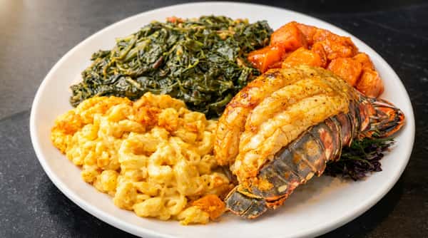 Lobster tail dinner with mac and cheese and greens at DSquared in St. Louis