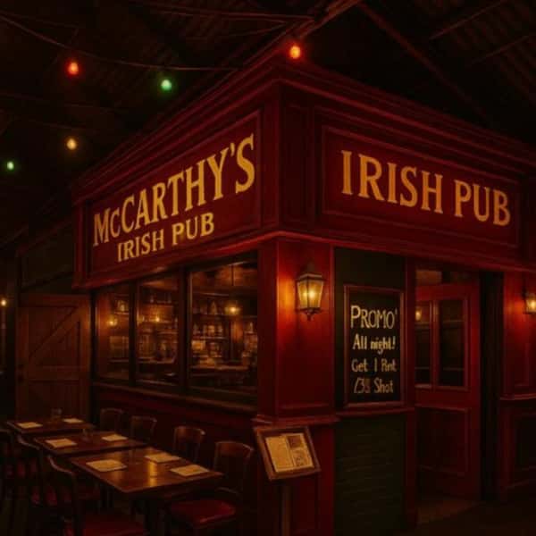 Cozy red-painted corner of McCarthy's Irish Pub with glowing warm lights, outdoor tables set for dining, and festive string lights creating a welcoming pub atmosphere at night 🍻🇮🇪