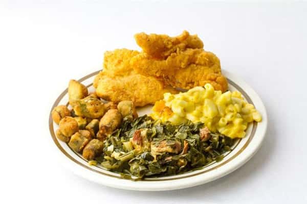 collards, mac and cheese, fried okra and fried chicken