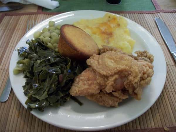 lima beans, collards, corn bread, mac and cheese and fried chicken
