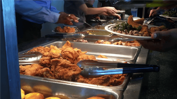buffet trays of food