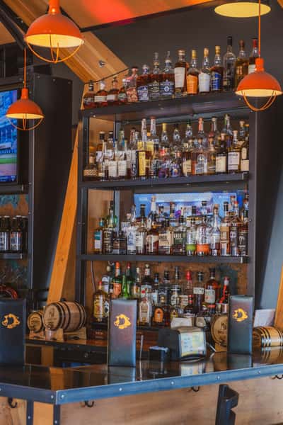 Liquor shelves behind the bar
