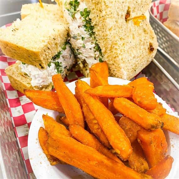 tuna sandwich with sweet potato fries