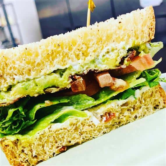 Bacon, lettuce, tomato, on Sundried tomato bread with Avocado