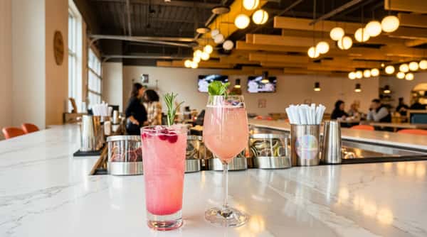 Two pink cocktails on a white bar counter, one with rosemary and cranberries, the other with mint and blueberries.