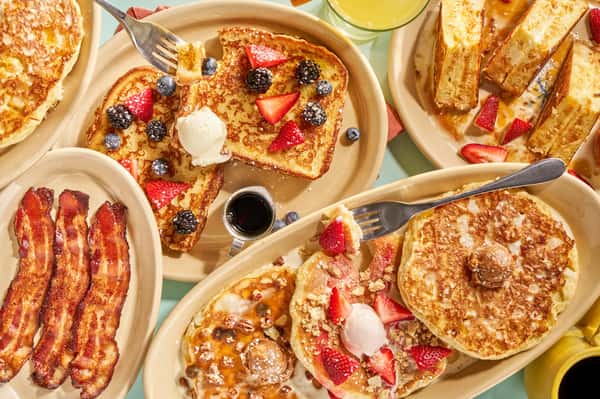 aerial view of breakfast foods on table