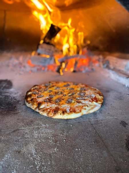 BESIANA'S PIZZA: tomato sauce, mozzarella cheese, sausage, hot cherry peppers, sauteed onions