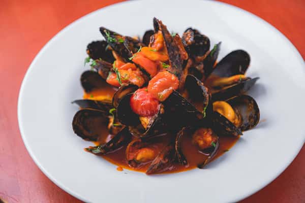 Steamed mussels in a rich tomato sauce with cherry tomatoes and fresh herbs at Pasta Lovers Trattoria.