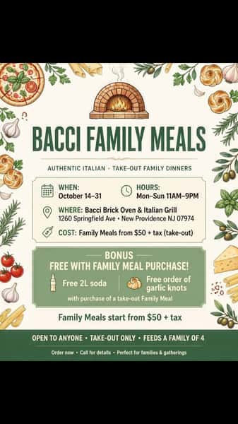 🔥Get our deals, and preorder for your Halloween Party..! Visit us Bacci Brick Oven, 1260 Springfield Avenue, New Providence,
Call ☎️ 908-665-2222, or visit our website www.baccibrickoven.com..!! #fallfestival #newprovidencenj #italianrestaurant #pizzanj #italianfood