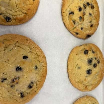 A tray of freshly baked chocolate chip cookies, some slightly uneven in size, with a golden-brown edge.